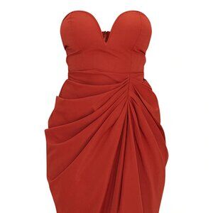 RUST WOVEN BANDEAU V BAR GATHERED HIP MIDI DRESS Pretty Little Things Size 4